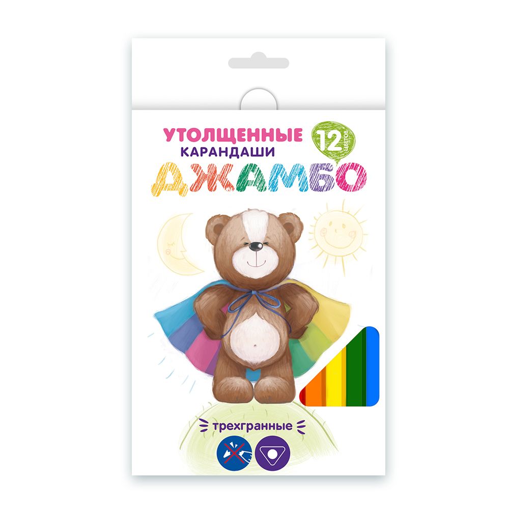 Набор цветных трехгранных карандашей джамбо JTCP-9012 заточенный 6х12 цв, Мишка JTCP-9012
