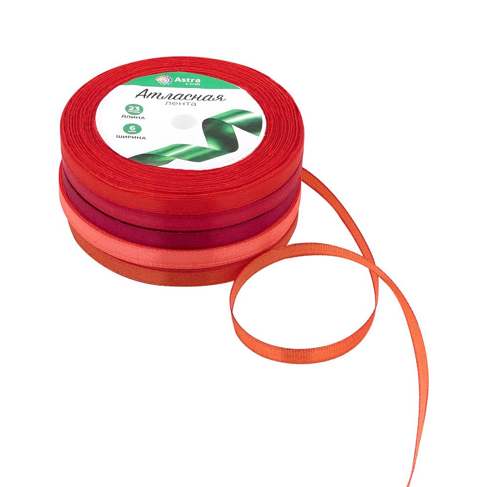 Набор атласных лент 5 цветов по 6.0 мм / 23 метра, красный микс