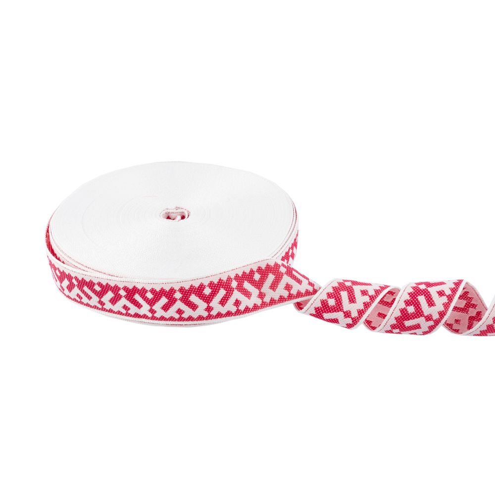 Лента (тесьма) жаккардовая 24.0 мм / 25 метров, Орнамент для северных народов, рис 9674 белый/малиновый, Gamma С3772