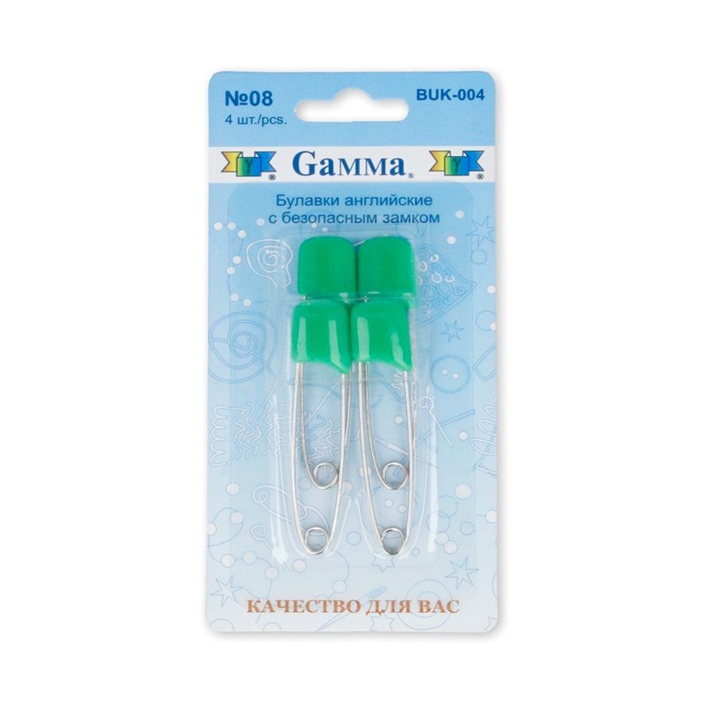 Булавки английские безопасные 53 мм, 4 шт, 08 зеленый, Gamma BUK-004