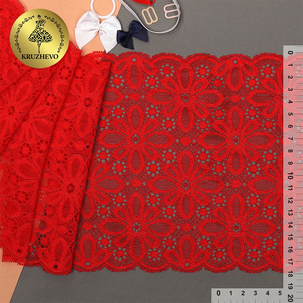 Кружево эластичное (стрейч) 180 мм, TBY 8026, SD163 красный, 10м, Kruzhevo