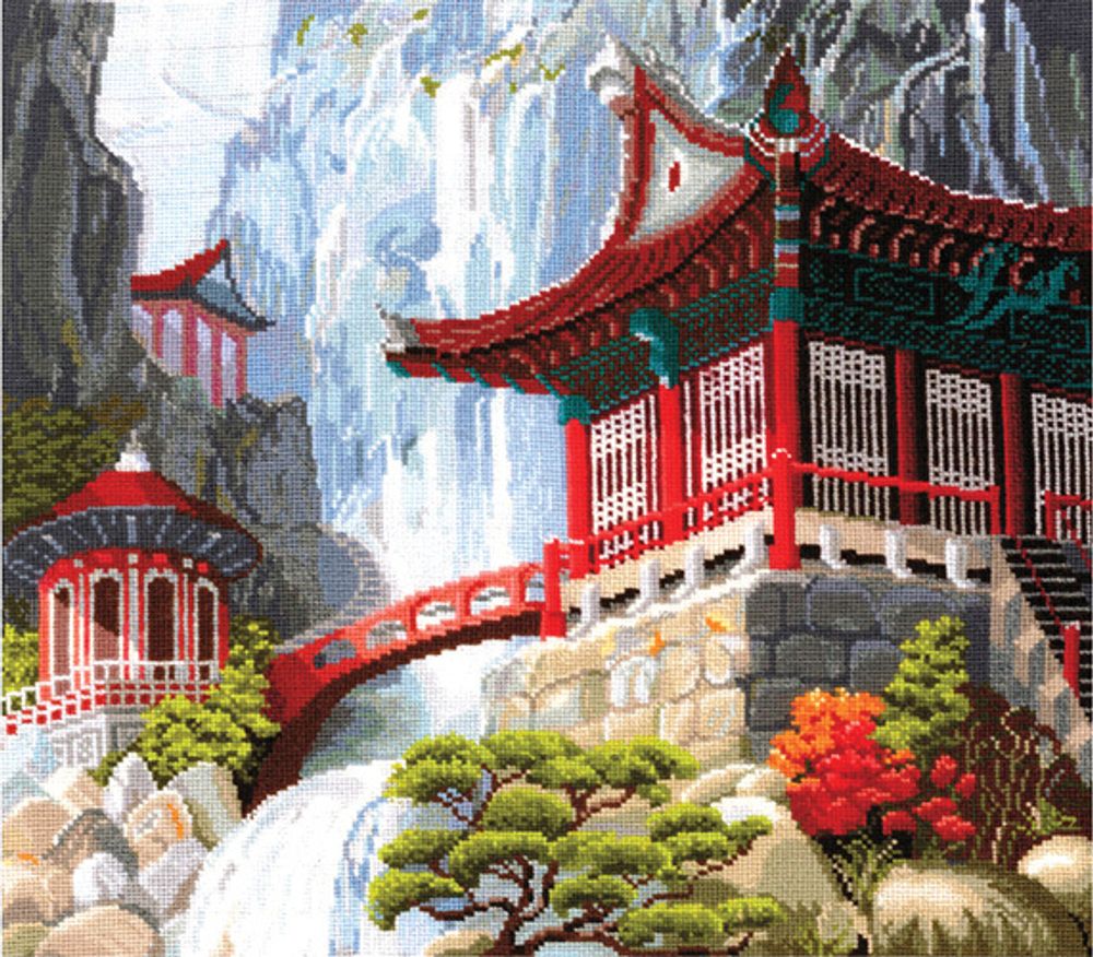 Набор для вышивания нитками Сделай своими руками, Водопад и пагода, 40х35 см