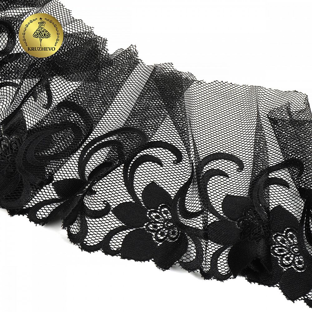 Кружево на сетке (вышитое) арт.T101 245мм цв.черный уп.6м, Kruzhevo
