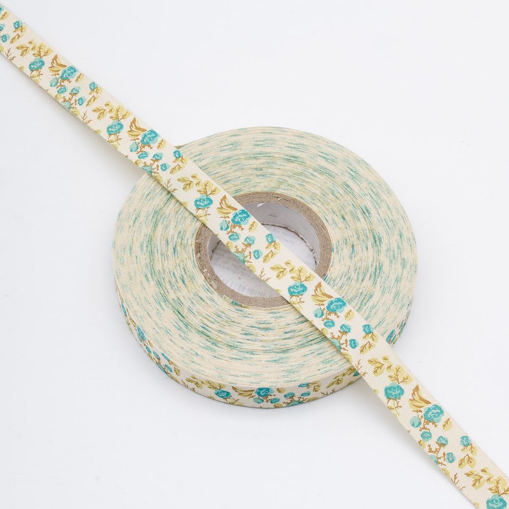 Лента декоративная х/б Цветы 15.0 мм / 25±1 метров, бело-бирюзовый, 3448