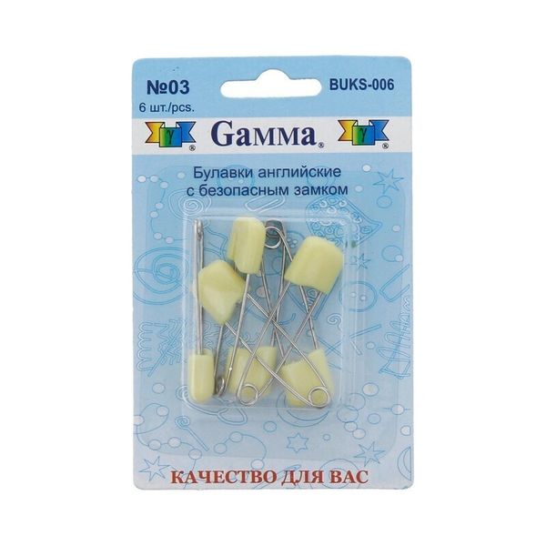 Булавки английские безопасные 40 мм, 6 шт, 03 желтый, Gamma BUKS-006