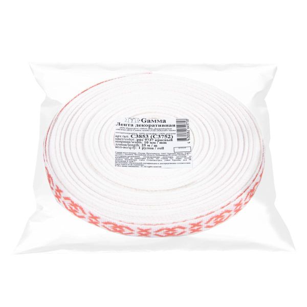 Лента (тесьма) жаккардовая 10.0 мм / 25±1 метров, Орнамент для северных народов, рис 9737 красный, Gamma C3853 (C3752)