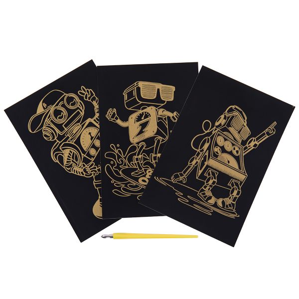 Набор для творчества Гравюра мини Роботы (золото), 10х15 см, 1х3 шт, Hobbius GHPM-19