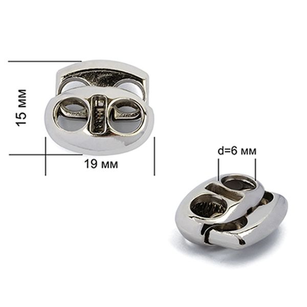 Фиксатор (зажим) для шнура металл 2 отв., 17х19 мм, (in ⌀6 мм), OR.0305-5353, цв. никель, уп. 100 шт
