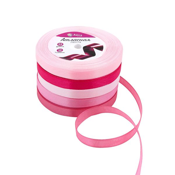 Набор атласных лент 5 цветов по 10.0 мм / 23 метра, розовый микс