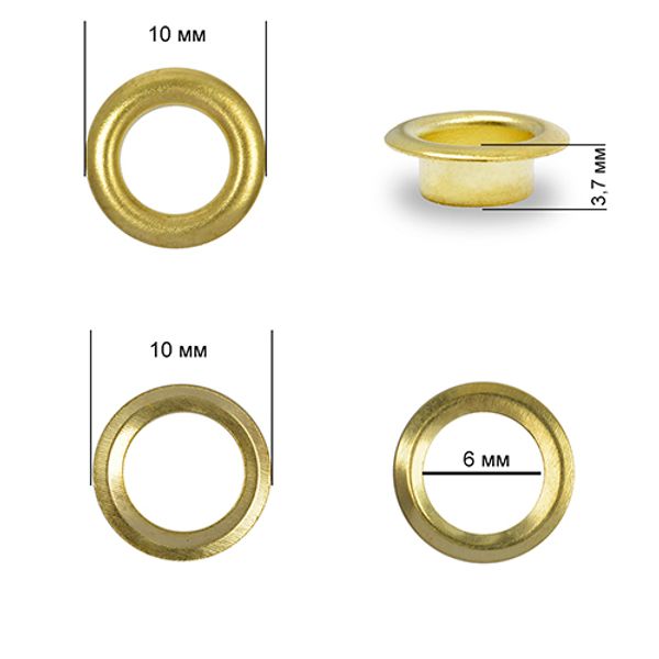 Люверсы металл ⌀6.0 мм (внутр.), h=3.7 мм, внешн. ⌀10.0 мм, №4, сталь, цв. золото, 1000 шт, TBY