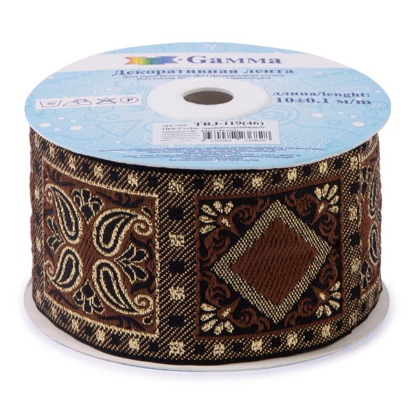 Лента (тесьма) жаккардовая 50.0 мм / 10±0.5 метров, черный/коричневый, Gamma TRJ-119(46)