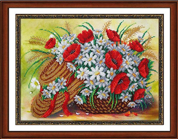 Набор для вышивания бисером Паутинка, Шляпка, ромашки и маки 38х28 см