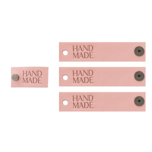 Кожаные бирки с тиснением на кнопке Hand Made 17х70 мм, 4 шт, розовый