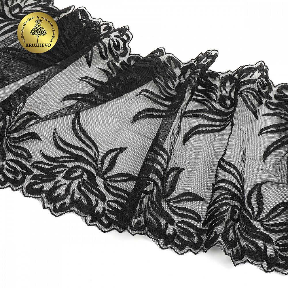 Кружево на сетке (вышитое) арт.T98 245мм цв.черный уп.7м, Kruzhevo
