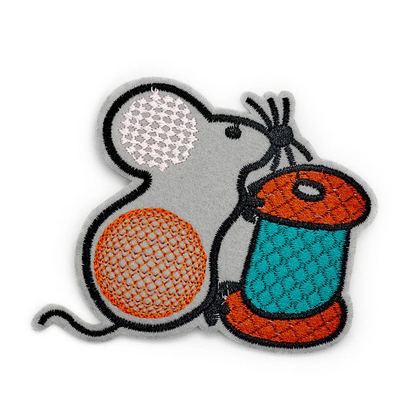 Термоаппликация вышитая Мышка с катушкой 7*7,5см (2 шт) (1 серый/розовый/оранжевый) 15833