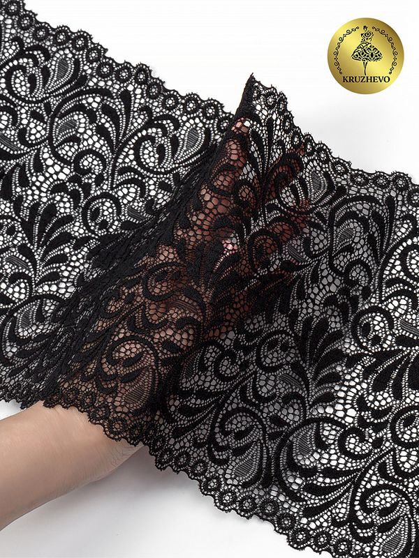 Кружево эластичное (стрейч) 8012 180мм цв.2 черный, 100м, Kruzhevo