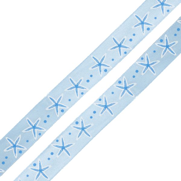 Лента атласная с рисунком 15.0 мм / 3 метра, Морская звезда (голубой), Globus
