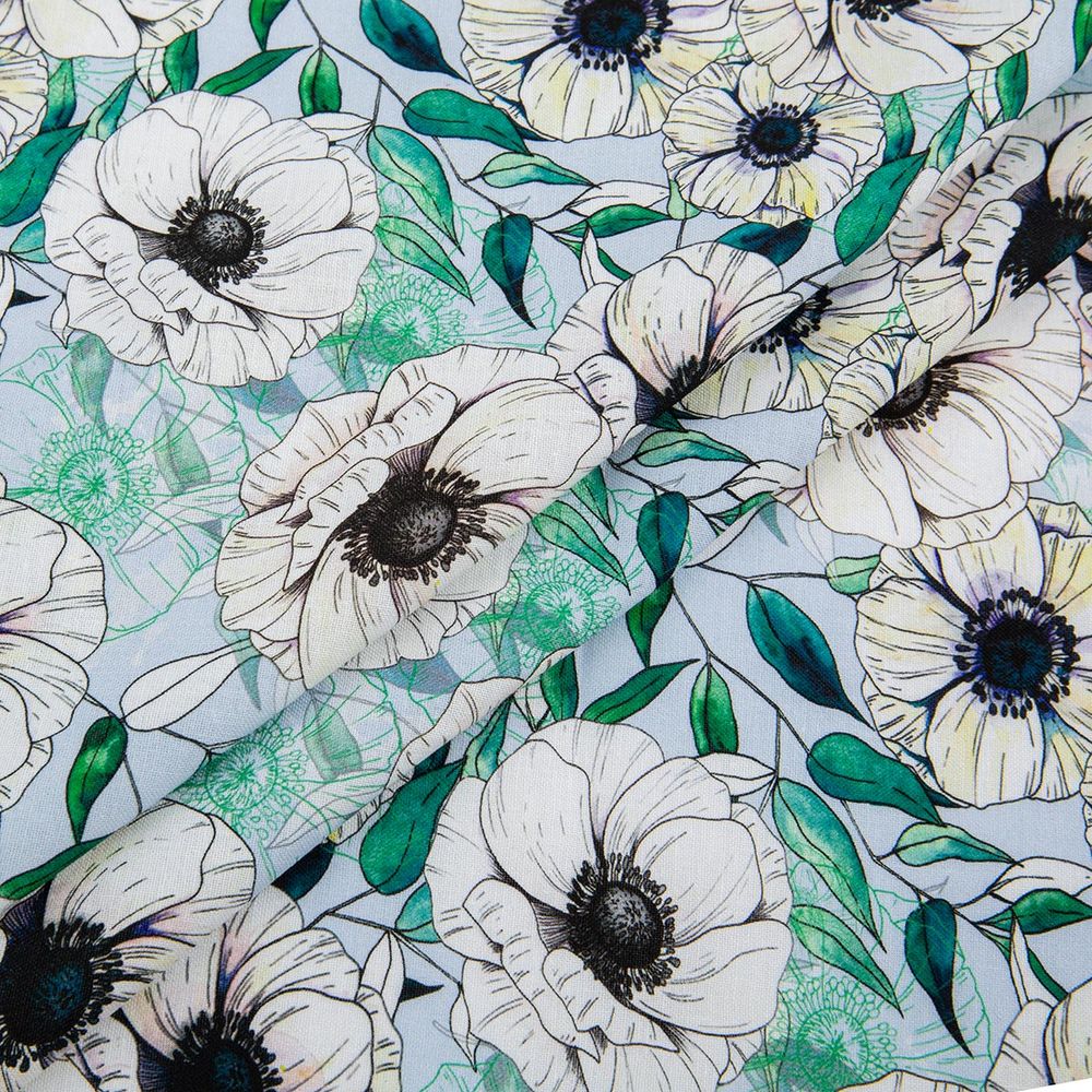 Ткань для пэчворка Peppy Цветущие анемоны 50х55 см, 140±5 г/м², ЦА-01 голубой