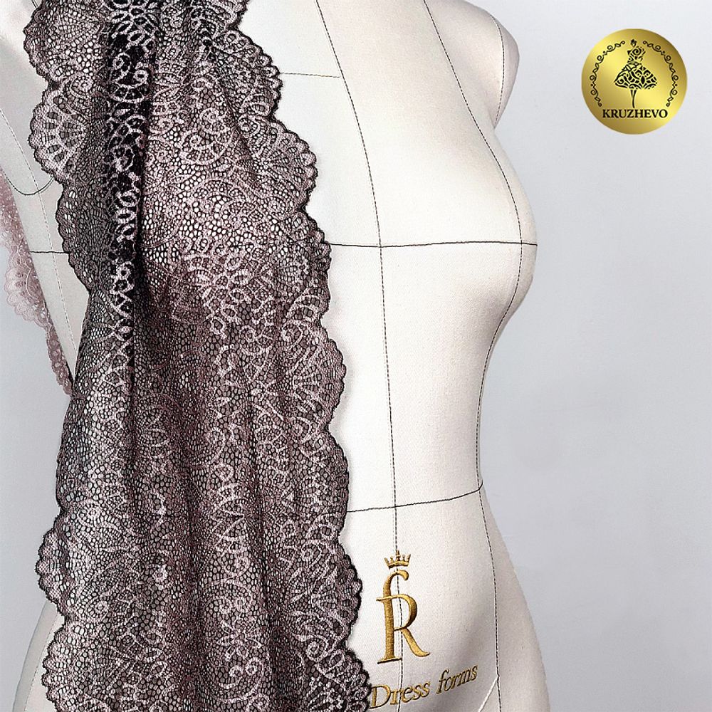 Кружево бельевое эластичное 240 мм / 120 м, Premium 40992, цв.168 серебристый пион+черный, Kruzhevo