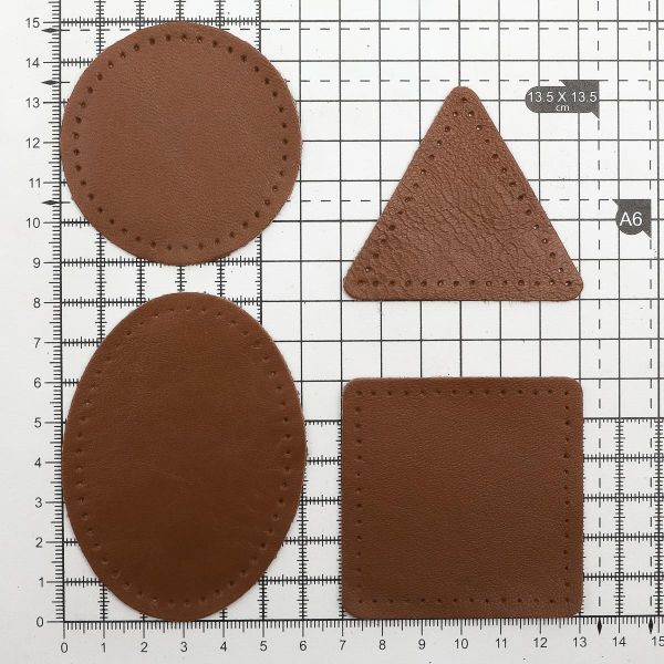 Набор заплаток пришивных из кожи, круг, квадрат, треугольник, овал 6см, с перфорацией, 4 шт (02 светло-коричневый), 9723