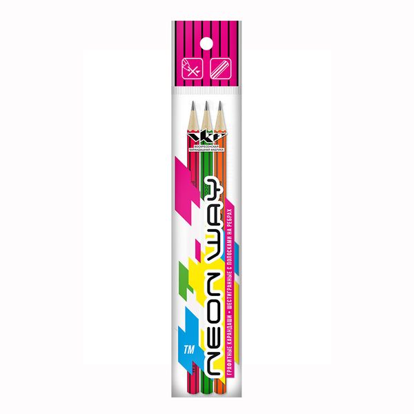 Карандаш чернографитный (набор) Neon way ОПП неон с полосками на ребрах ТМ (HB) 10х3 шт, ассорти, ВКФ 3P-1555
