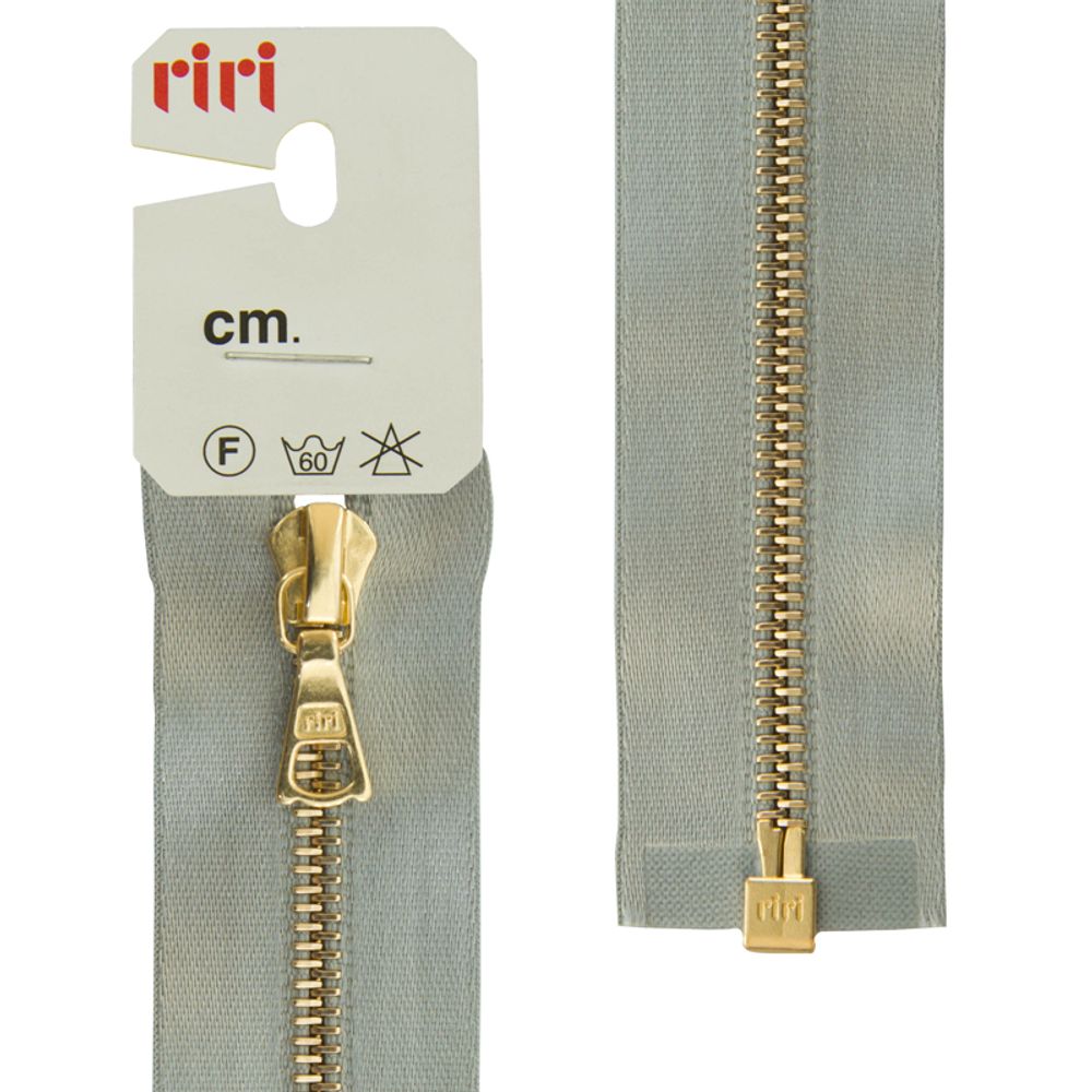 Молния металл RIRI Т4 (4 мм) Gold, 1 зам., разъем., атлас. тесьма, 65 см, цв. тесьмы 9112, голубовато-серый, упак. 5 шт /TOS/