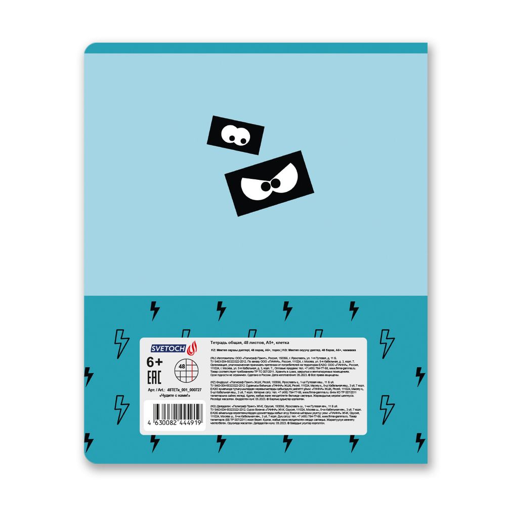 Тетрадь ученическая общая, A5+ 48 л. на скобе 65 г/м², белизна 100%, 10 шт, клетка в термоусадочной пленке, 000727 Чудите с нами!, Светоч 48ТЕТк-001