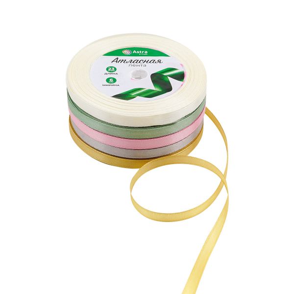 Набор атласных лент 5 цветов по 6.0 мм / 23 метра, весенний микс