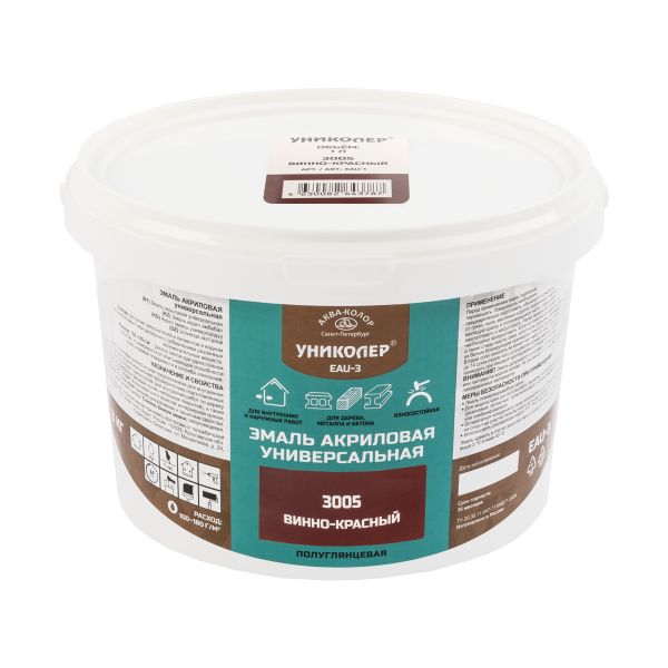 Эмаль акриловая универсальная 3 кг, RAL 3005 винно-красный, Униколер EAU-3