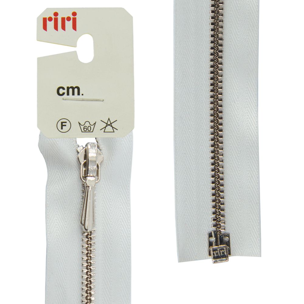 Молния металлическая RIRI Т3 (3 мм) Ni, слайд.Tropf, 1 зам., разъем., 65 см, цв. тесьмы 2101, белый, упак. 5 шт