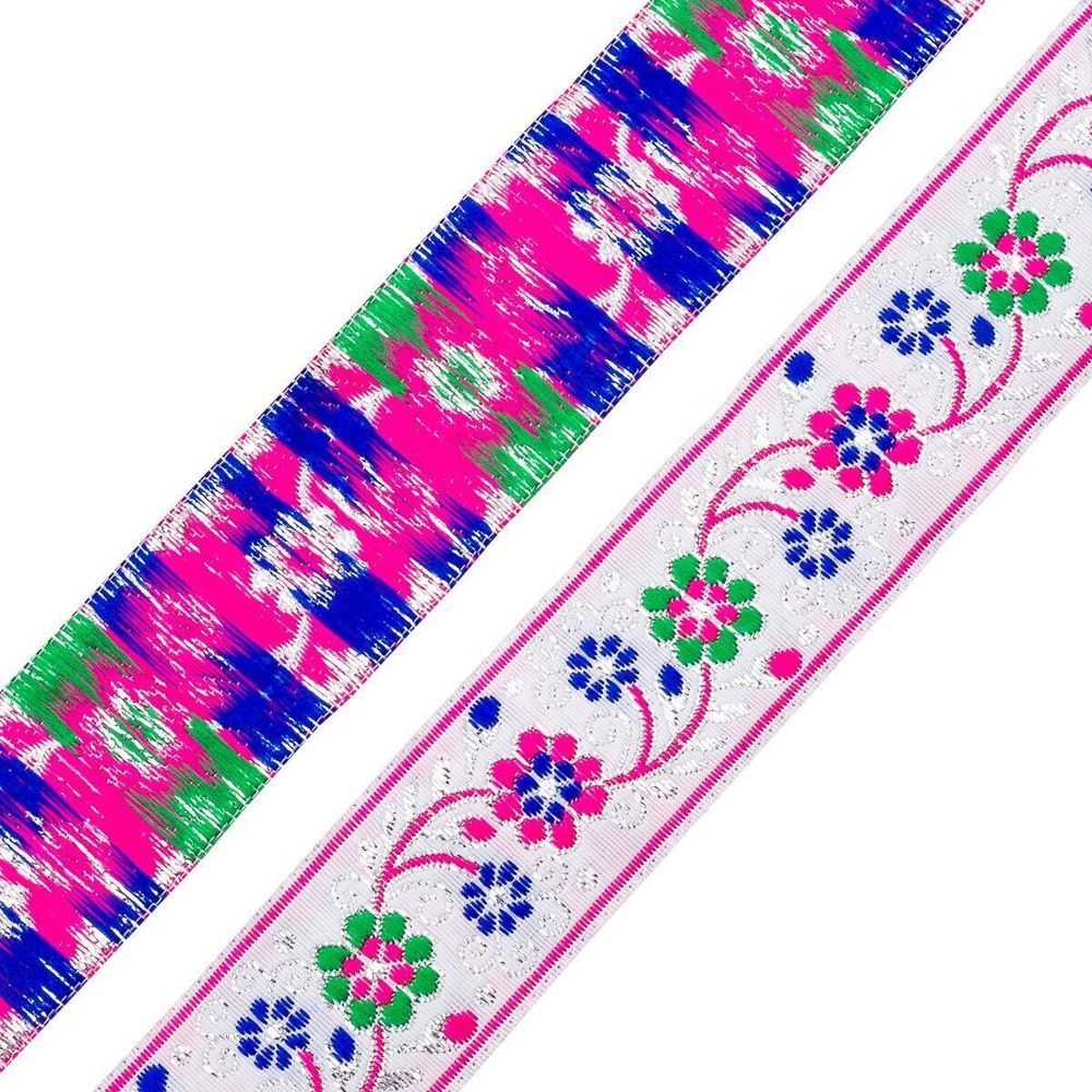 Лента (тесьма) жаккардовая 33.0 мм / 7 метров, белый с цветами, 11823