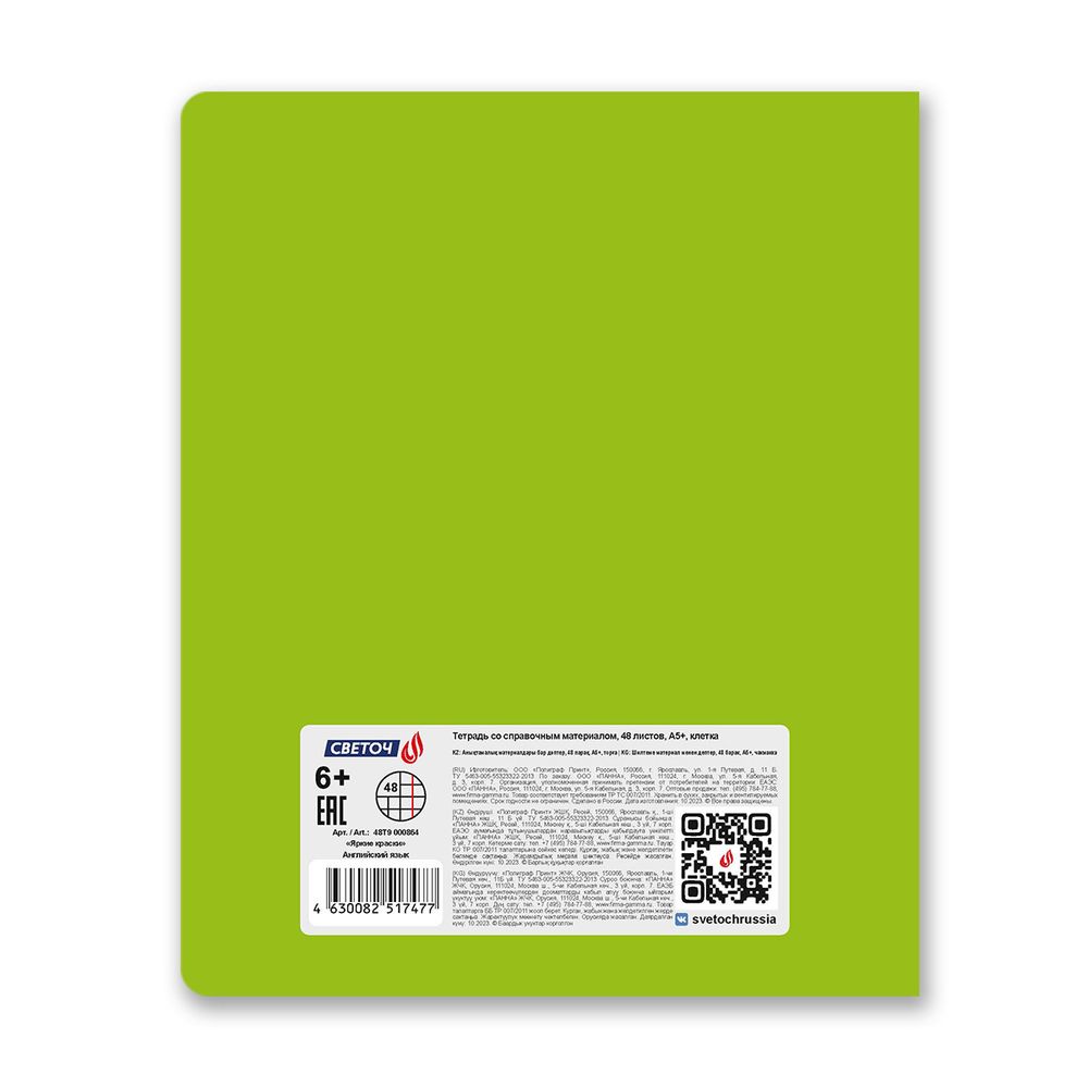 Тетрадь со справочным материалом Яркие краски, матовая ламинация +выбор. лак, A5+ 48 л. на скобе 65 г/м², белизна 100%, 10 шт, клетка, 00864 Английский язык, Светоч 48Т9