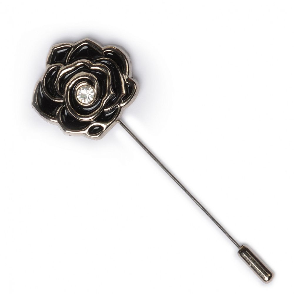 Булавка шляпная металл Роза со стразой, цв. никель / черный, уп. 5шт