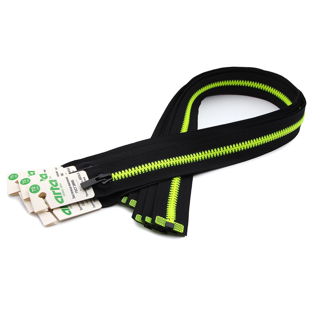 Молния трактор Arta Т6 (6 мм) 1 зам., разъем., 70 см, Neon, цв. 077 черный / 098 люминесцентный, уп.5 шт