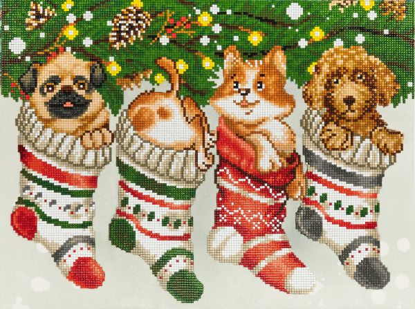 Алмазная (кристальная) мозаика Фрея, на подрамнике Щенки в носках, 40х30 см