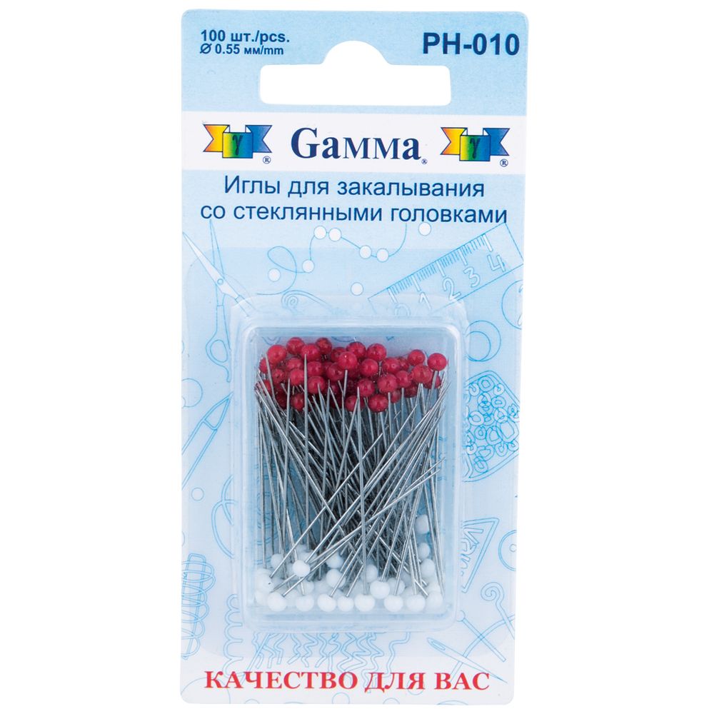 Булавки со стеклянной головкой 36 мм, сталь, 100 шт, в пластиковой коробке, Gamma PH-010