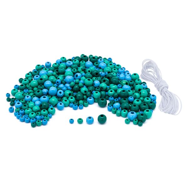 Бусины дерево набор со шнуром 4, 6, 8, 10 мм, бирюзовый микс, 50 г, Astra&Craft