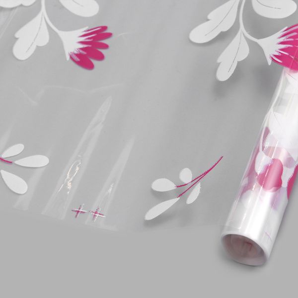 Пленка прозрачная двухцветная с рисунком Полевые цветы бело- фуксия 70 см / 9.14±5% метра