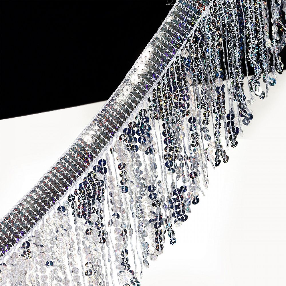 Бахрома отделочная 15.0 мм / 4.5 метра, с пайетками, TBY.11503, цв.серебро