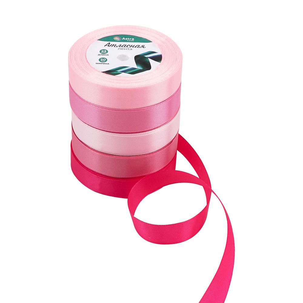 Набор атласных лент 5 цветов по 23.0 мм / 23 метра, розовый микс