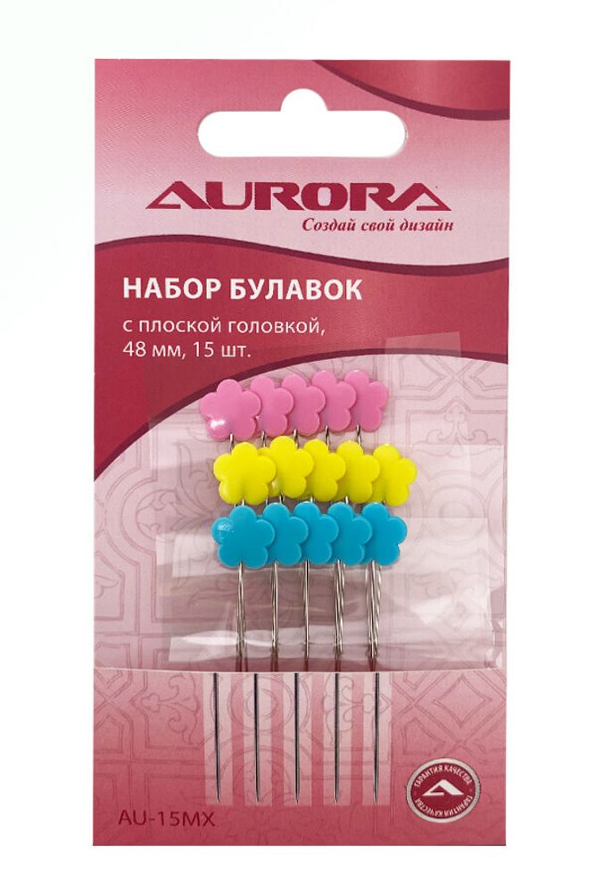 Набор булавок с плоской головкой в виде цветочка, 48 мм, 15 шт, AU-15MX, Aurora