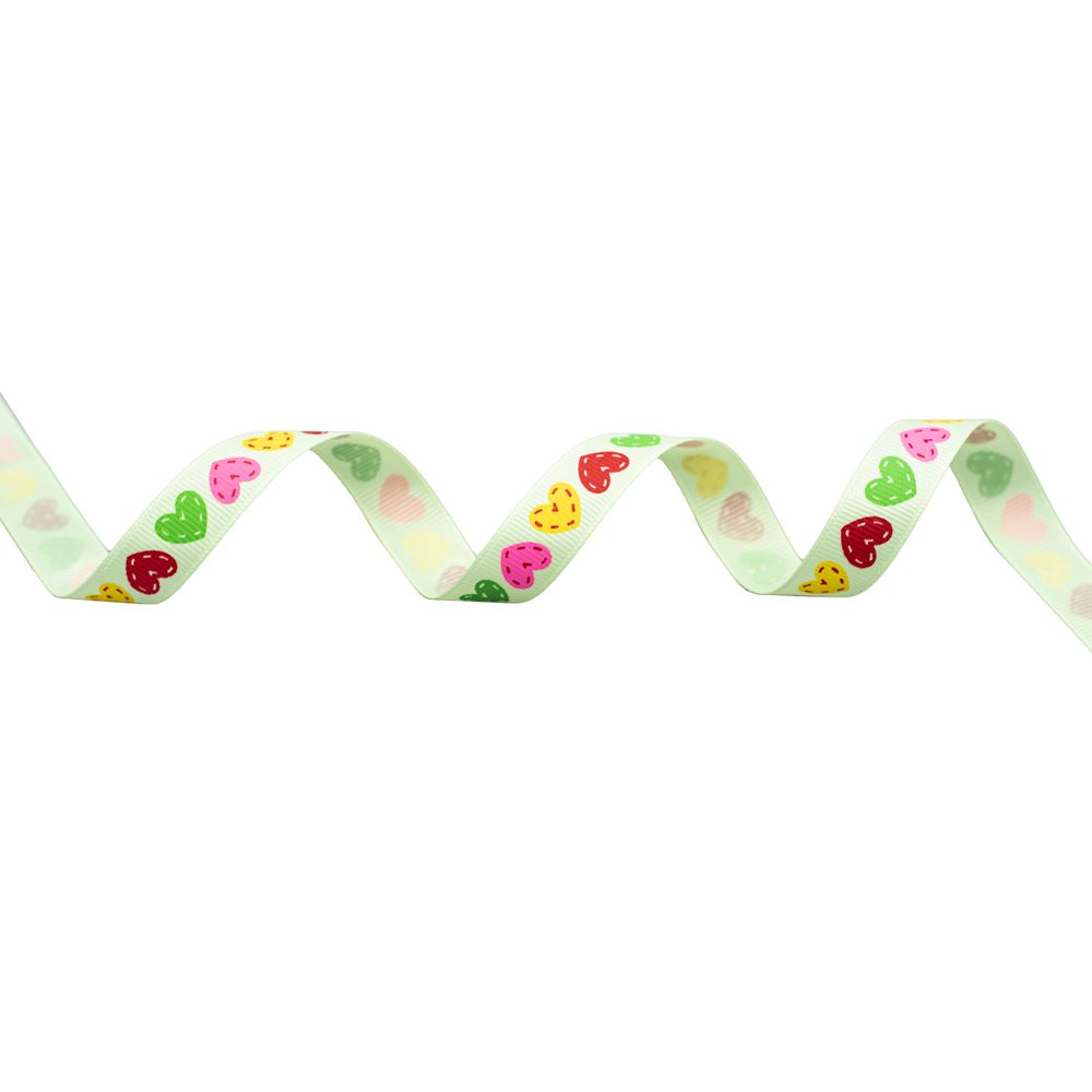 Лента репсовая (в рубчик) Сердечки 1,5см*22.86 м (св.зеленый)