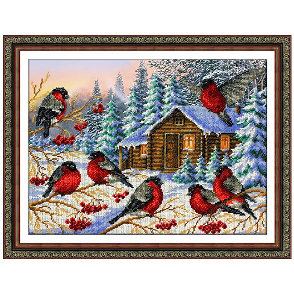 Набор для вышивания бисером Паутинка, Снегири 38х28 см, 505667