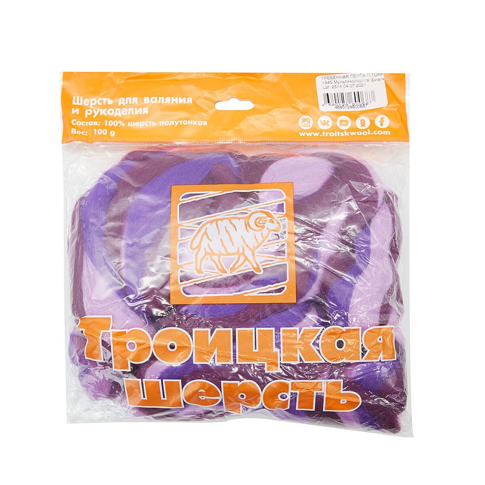 Шерсть для валяния Троицкая п/тонкая 1х100 г (до 29 мкр), мультиколор 1345