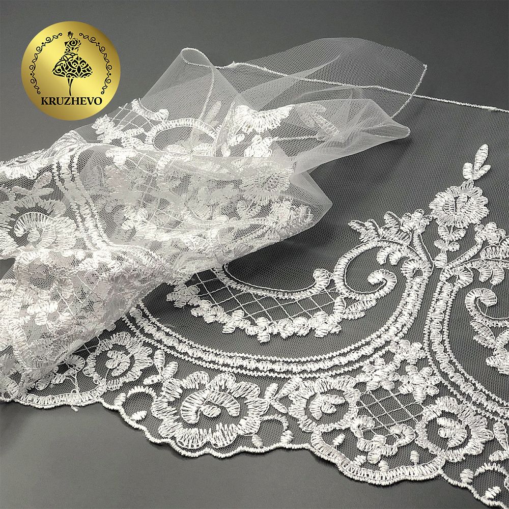 Кружево на сетке широкое 230 мм, диз. 232, цв.01 белый уп. 13.71 м, Kruzhevo