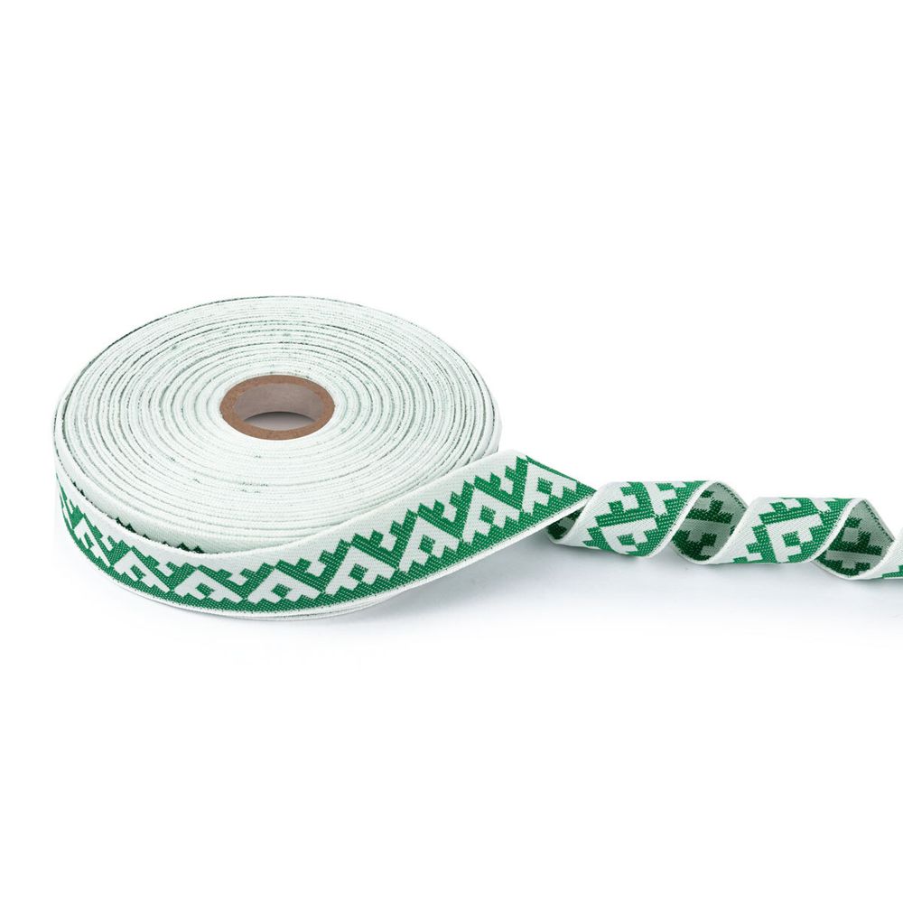 Лента (тесьма) жаккардовая 24.0 мм / 25±1 метров, Орнамент для северных народов, рис 8621 белый-зеленый, Gamma С3772