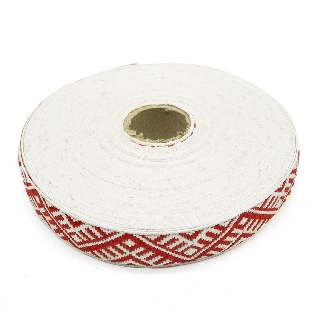 Лента (тесьма) жаккардовая 24.0 мм / 25±1 метров, Славянский орнамент Оберег, рис.9467 белый/красный, С3772Г17