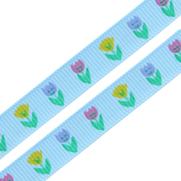 Лента репсовая (в рубчик) Тюльпаны, 10 мм, 3м, голубой