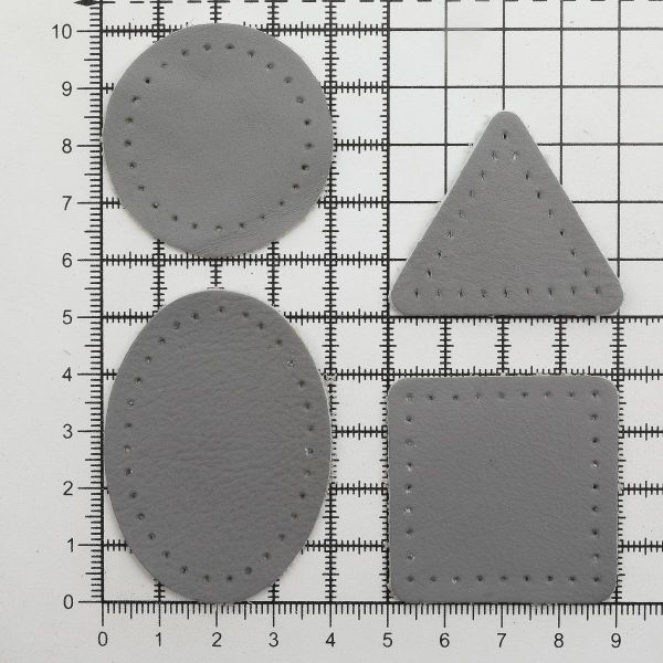 Набор заплаток пришивных из кожи, круг, квадрат, треугольник, овал 4см, с перфорацией, 4 шт (07 серый), 9703