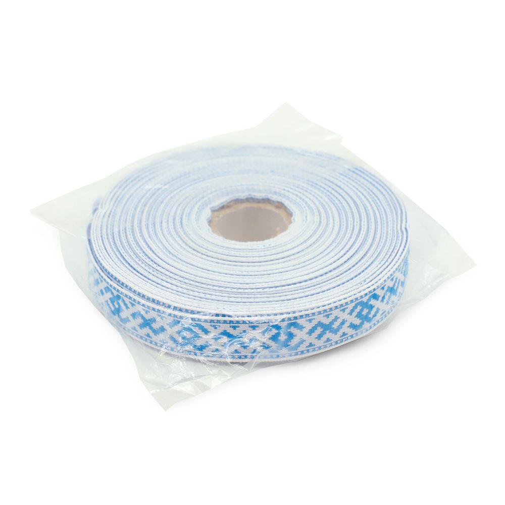 Лента (тесьма) жаккардовая 18.0 мм / 25±1 метров, Славянский орнамент Оберег, рис. 9711 (2 белый/голубой) С3771Г17